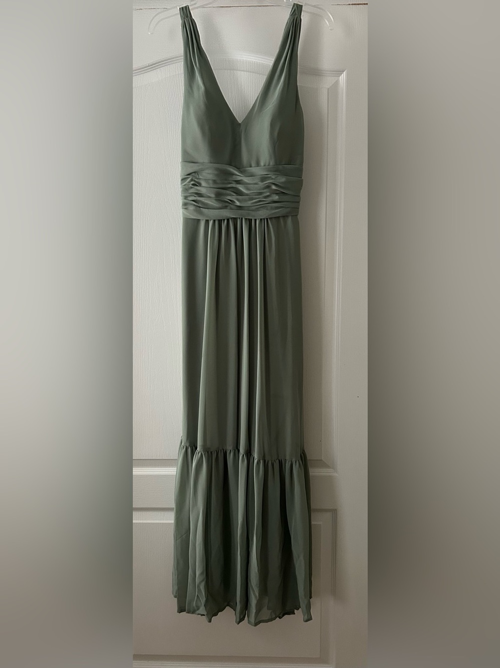 Sleeveless Moss Green V-Neck Maxi Dress- Morilee size 10